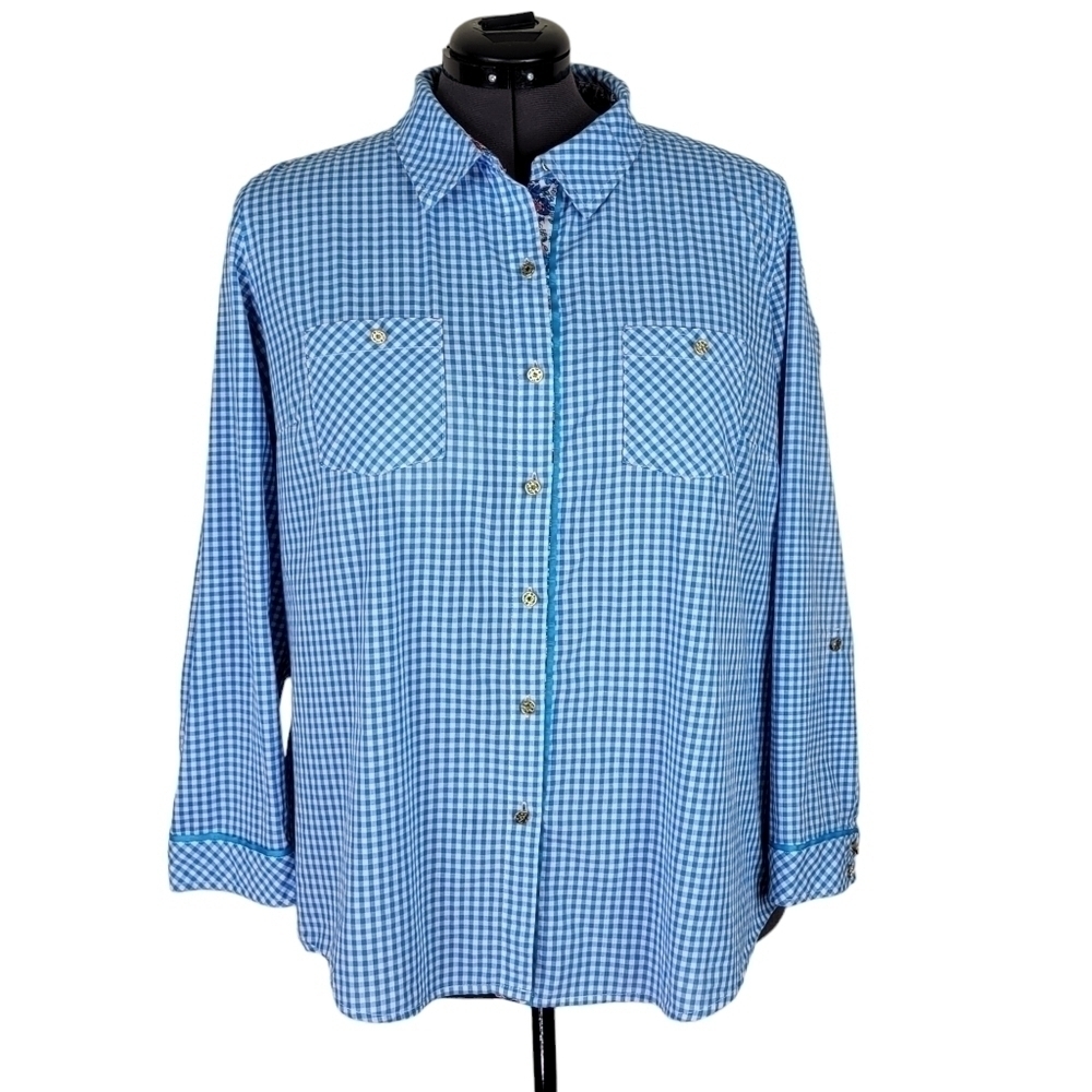 Coral Bay Blouse Size 2X Blue White Gingham Roll Tab Sleeves Button Cuff Pockets